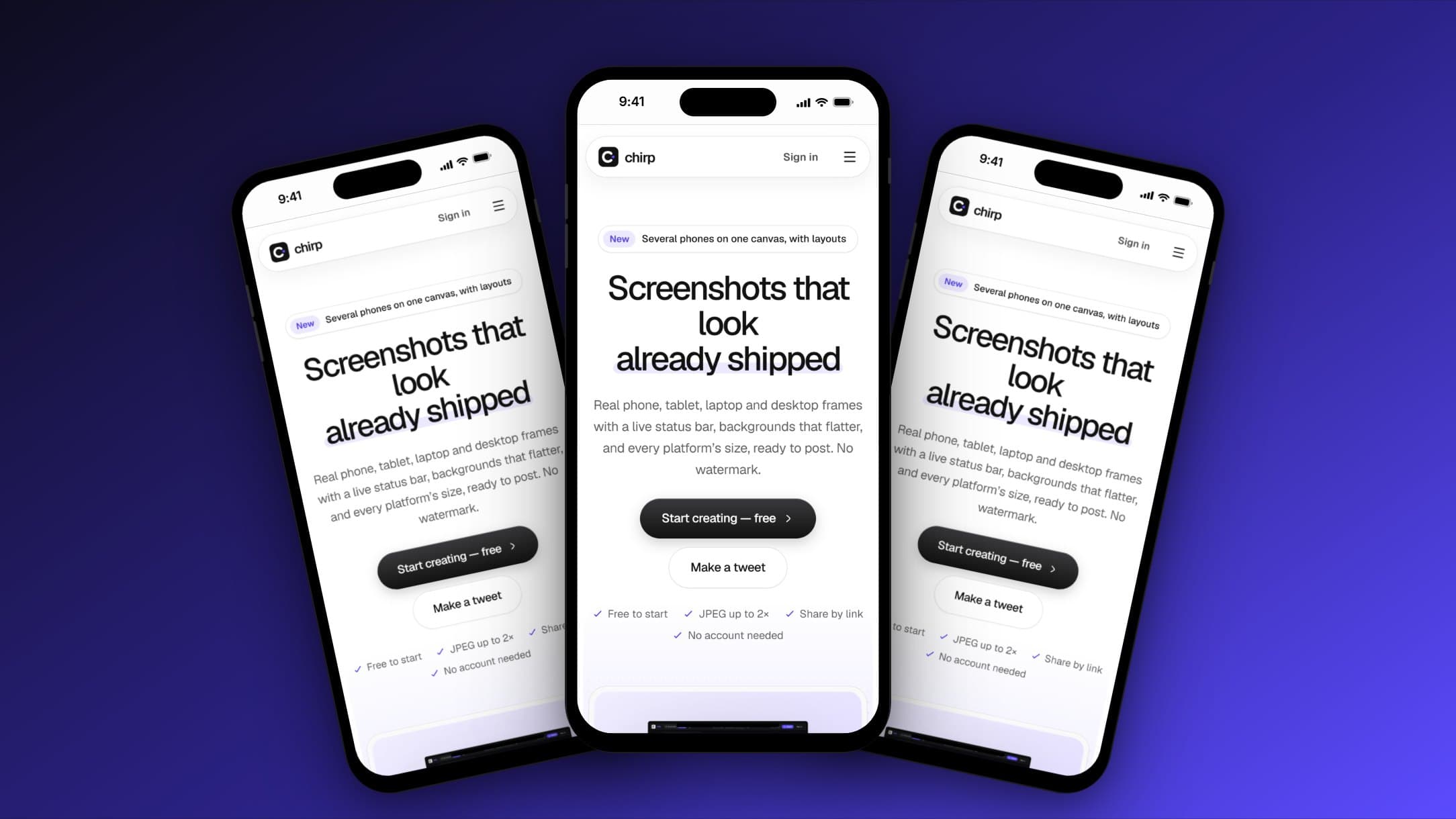 Three phones fanned out on one canvas, arranged by a layout