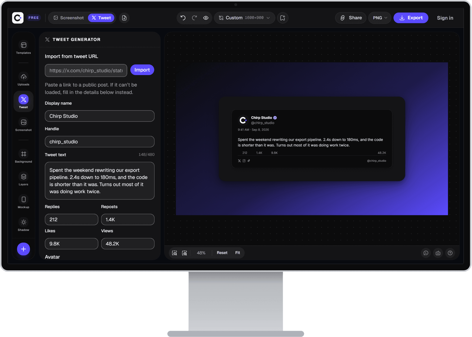 The Chirp studio on a desktop display, framing a tweet on an indigo gradient