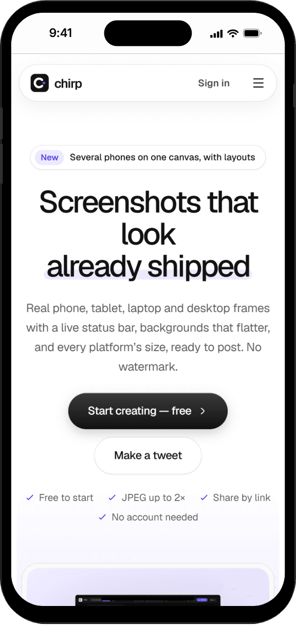 The Chirp homepage on an iPhone